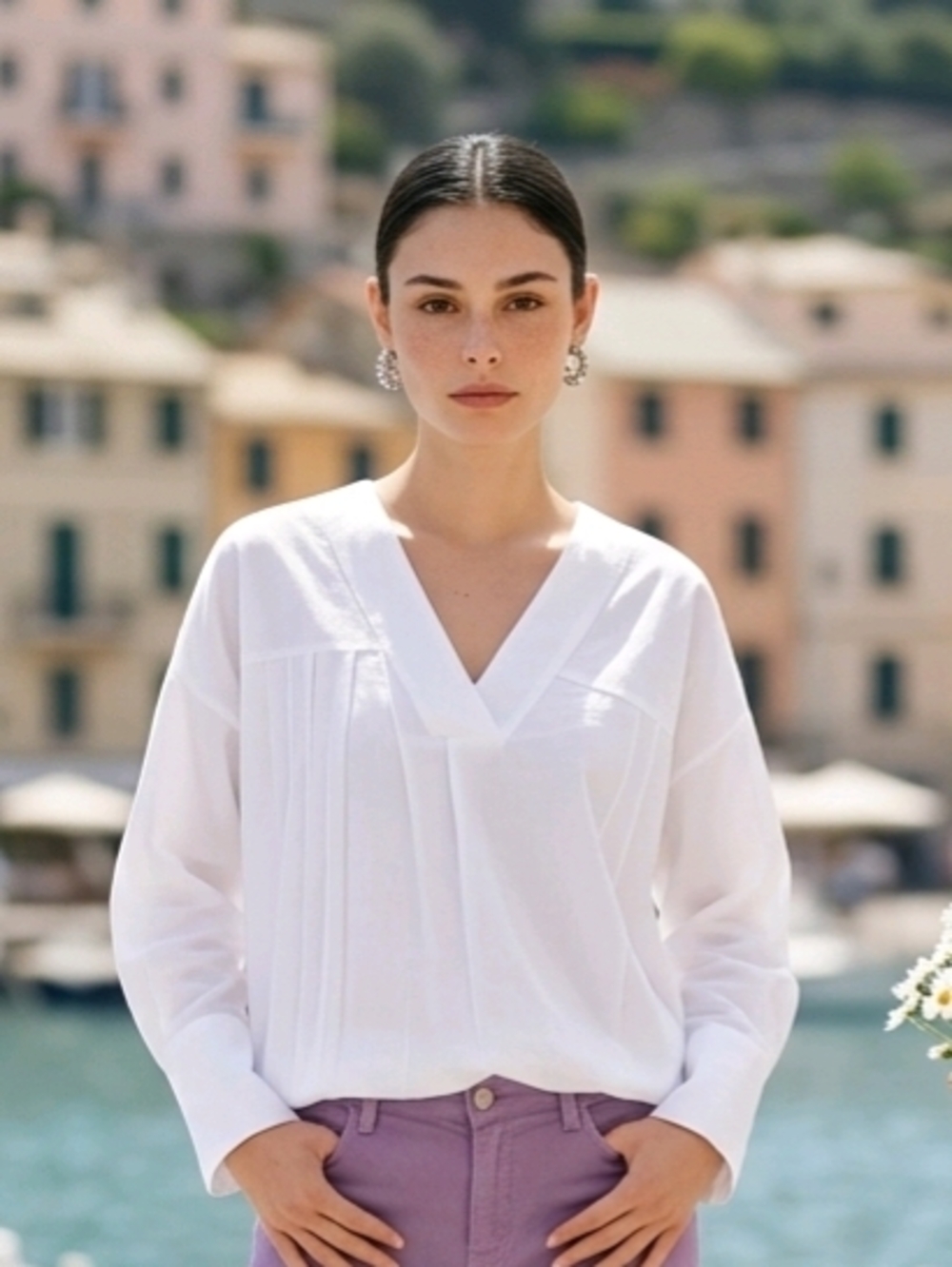 HARSHMAN XS V-Neck Long Sleeve Blouse - White
